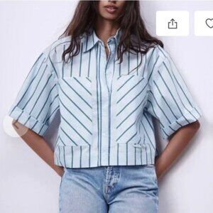 ZARA Light Blue Short-Sleeve Striped Cropped Shirt -(Size Small) NWOT